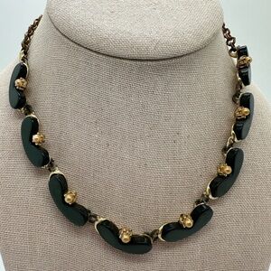 Vtg gold tone faux pearl and black enamel statement necklace